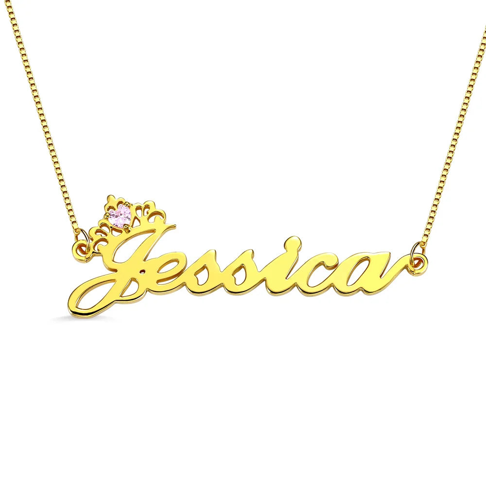 Personalized Crown Name Birthstone Necklace-CustomLove