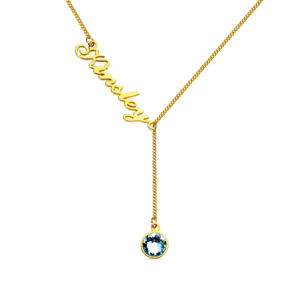 Personalized Name & Birthstone Y Necklace-CustomLove