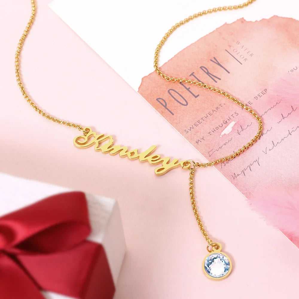 Personalized Name & Birthstone Y Necklace-CustomLove