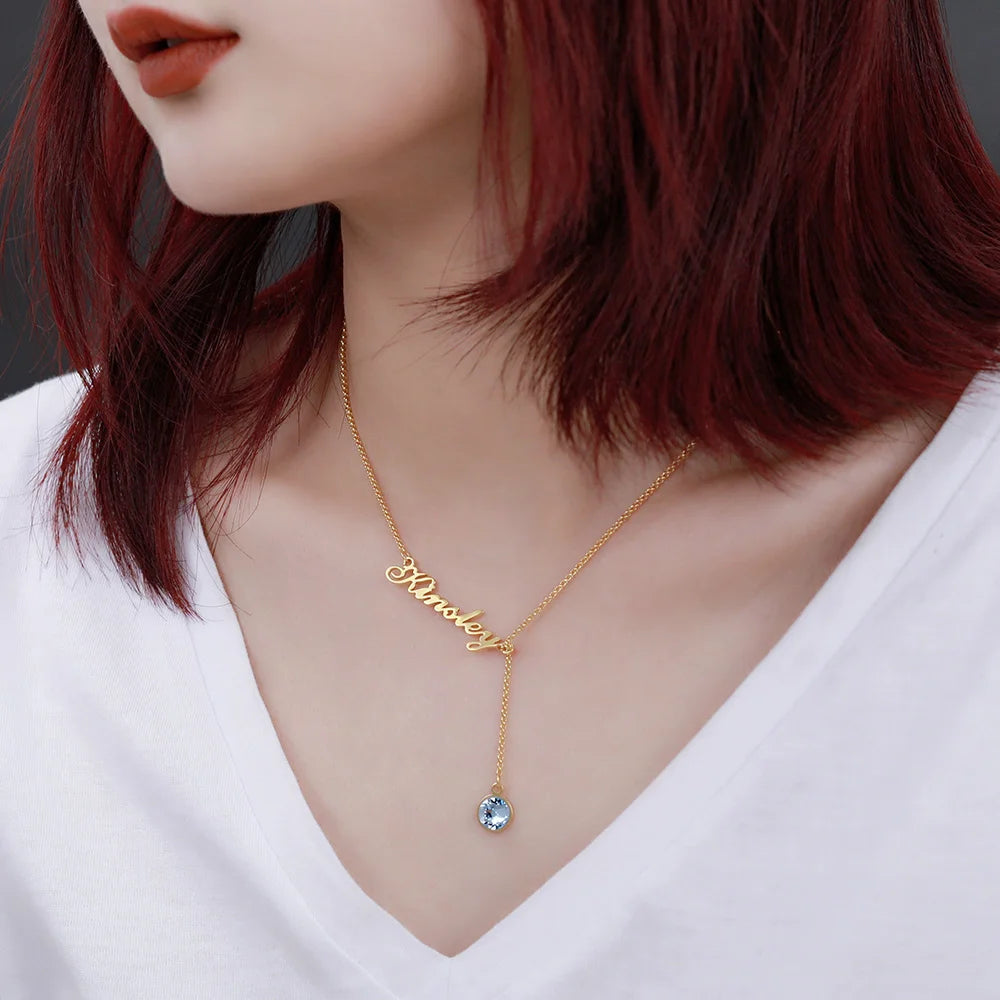 Personalized Name & Birthstone Y Necklace-CustomLove