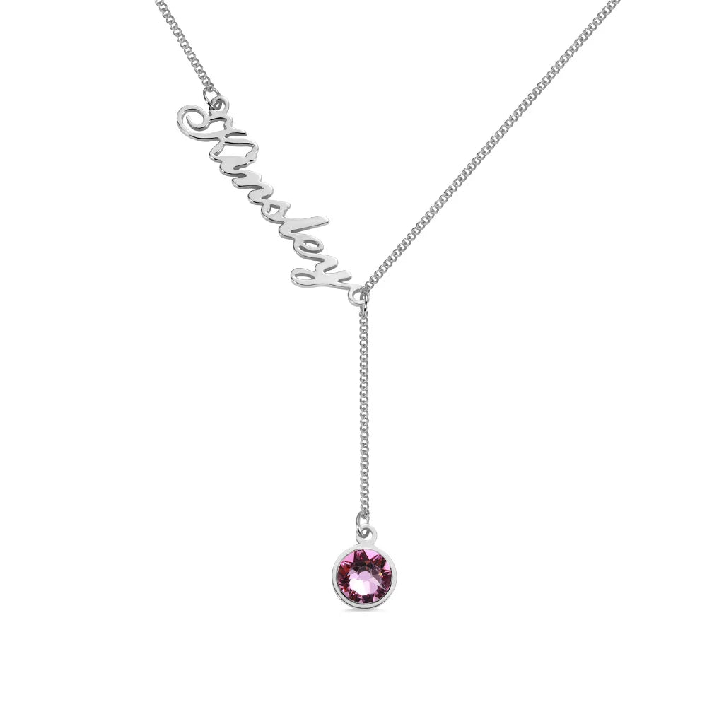 Personalized Name & Birthstone Y Necklace-CustomLove