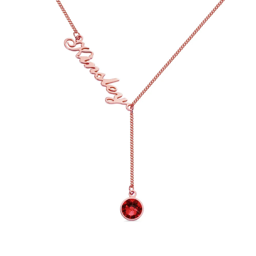 Personalized Name & Birthstone Y Necklace-CustomLove