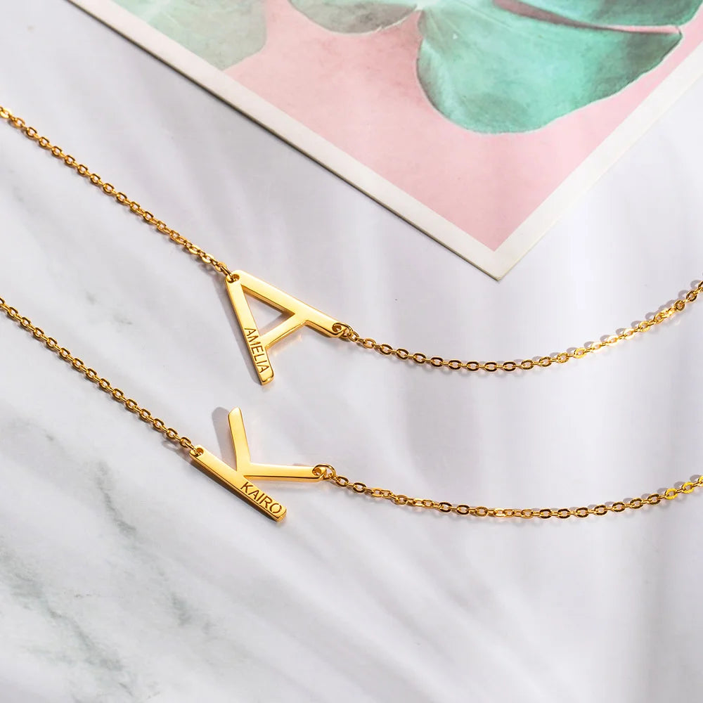 Custom-made Sideways Initial Name Necklace-CustomLove