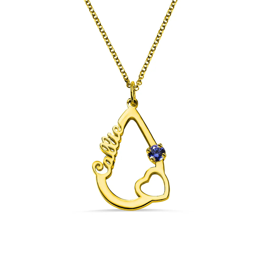 Personalized Heart & Birthstone Water Drop Necklace-CustomLove