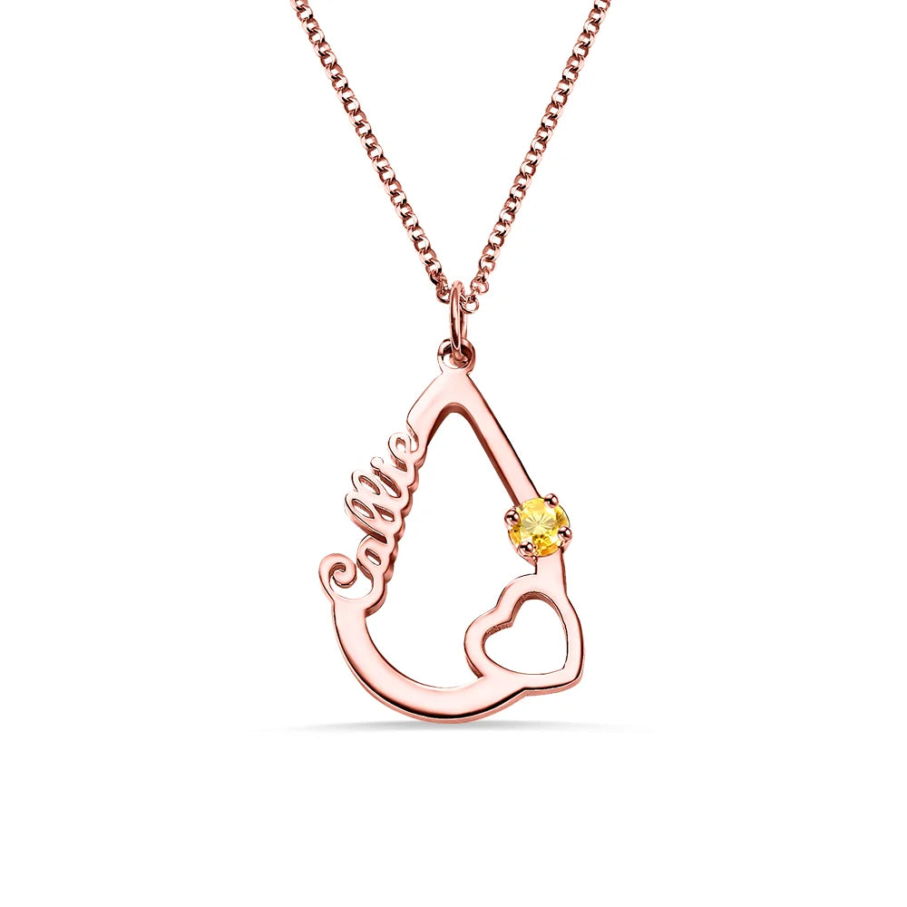 Personalized Heart & Birthstone Water Drop Necklace-CustomLove