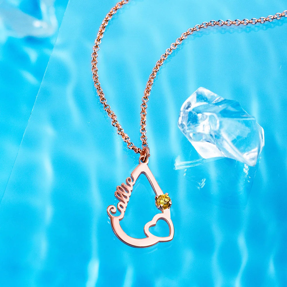 Personalized Heart & Birthstone Water Drop Necklace-CustomLove