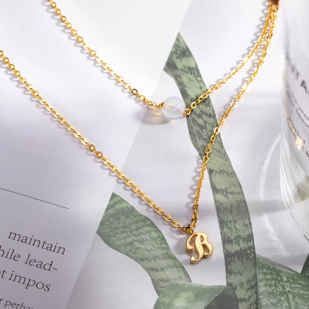 Custom Layered Moonstone and Initials Necklace-CustomLove