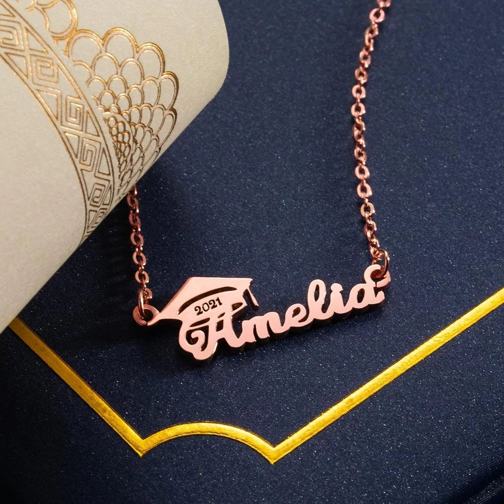 Personalized Bachelor Cap Name Necklace Graduation Gifts-CustomLove