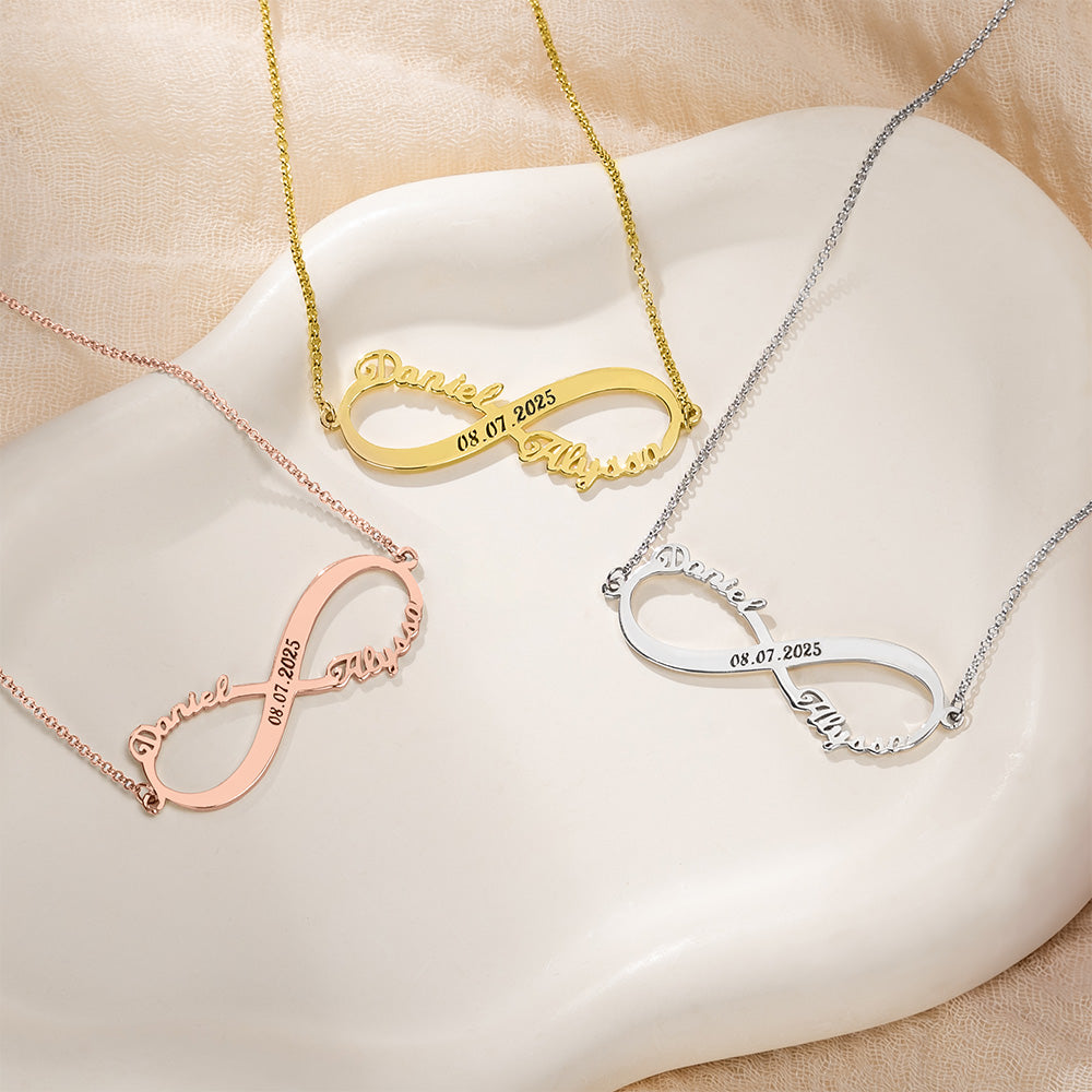 Custom 2 Names Infinity Necklace with Date in Silver-CustomLove