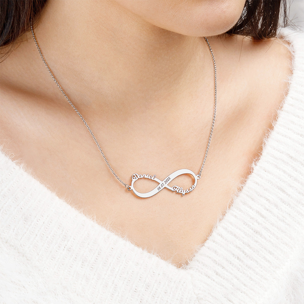Custom 2 Names Infinity Necklace with Date in Silver-CustomLove