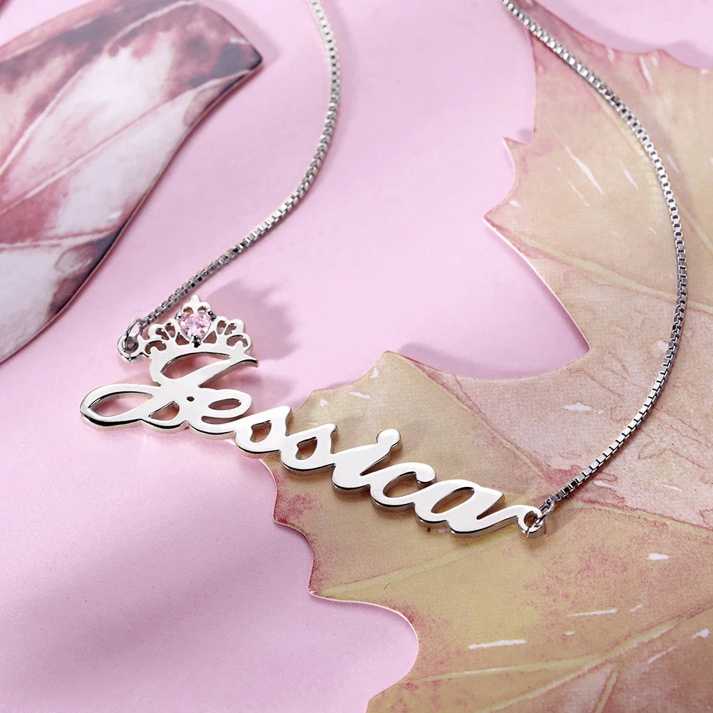Personalized Crown Name Birthstone Necklace-CustomLove