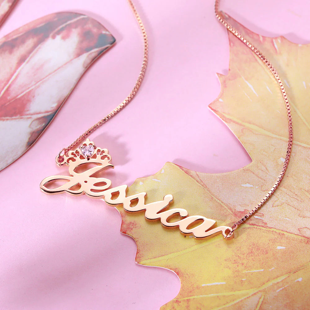 Personalized Crown Name Birthstone Necklace-CustomLove