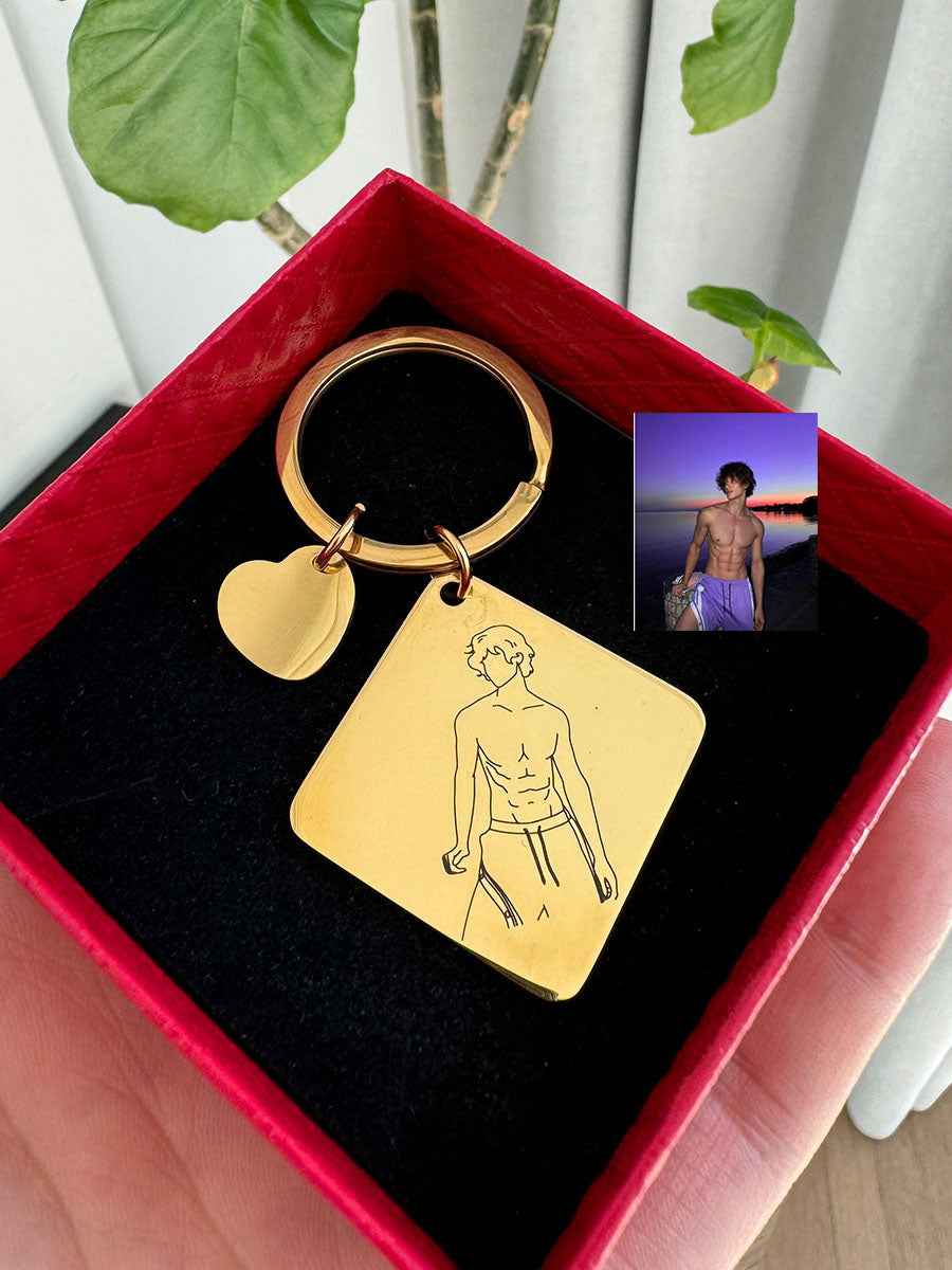 Personalized Photo & Text Keychain - Custom Outlined Line Art Keychain - CustomLove