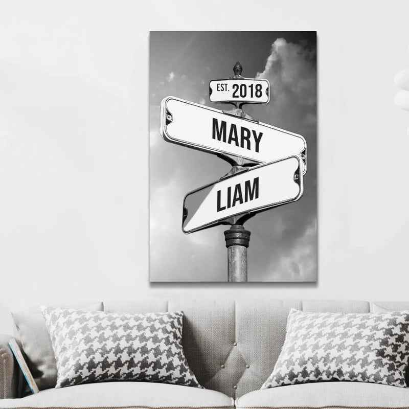 Custom Vintage Street Sign Canvas - Personalized Couple Names & Date of Love Anniversary Wall Decor - CustomLove