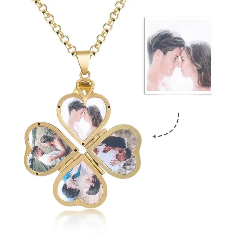 Personalized Heart Shaped Four Leaf Clover Photo Necklace Great Gift For Christmas-CustomLove