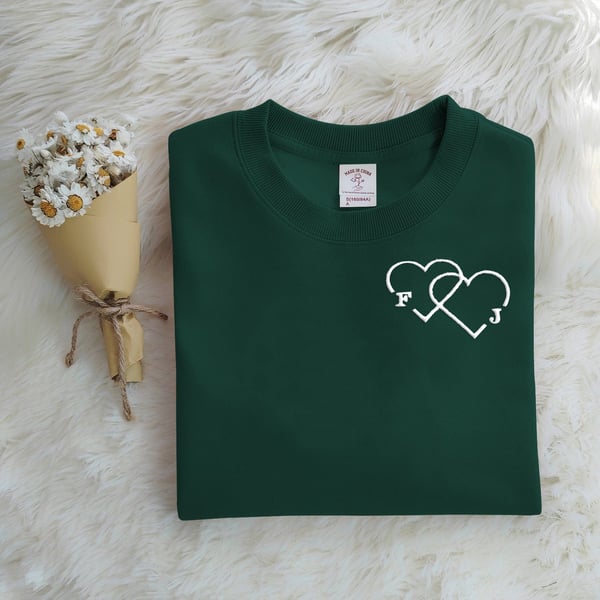 Personalized Letter Embroidered Double Heart Sweatshirt-CustomLove