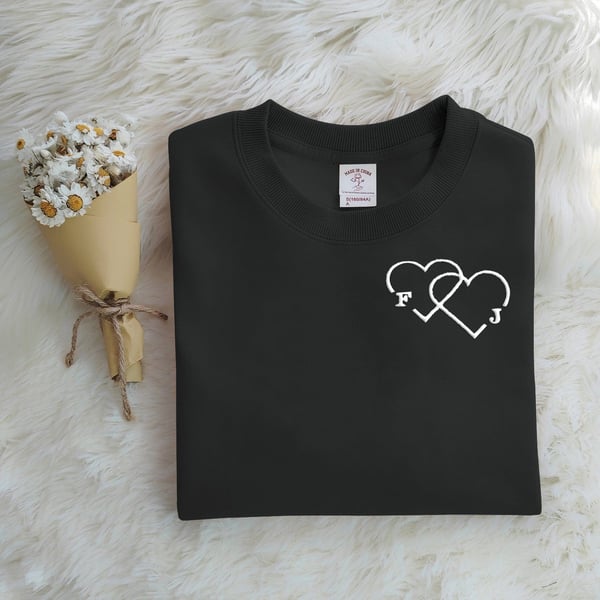Personalized Letter Embroidered Double Heart Sweatshirt-CustomLove