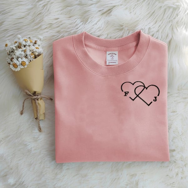 Personalized Letter Embroidered Double Heart Sweatshirt-CustomLove
