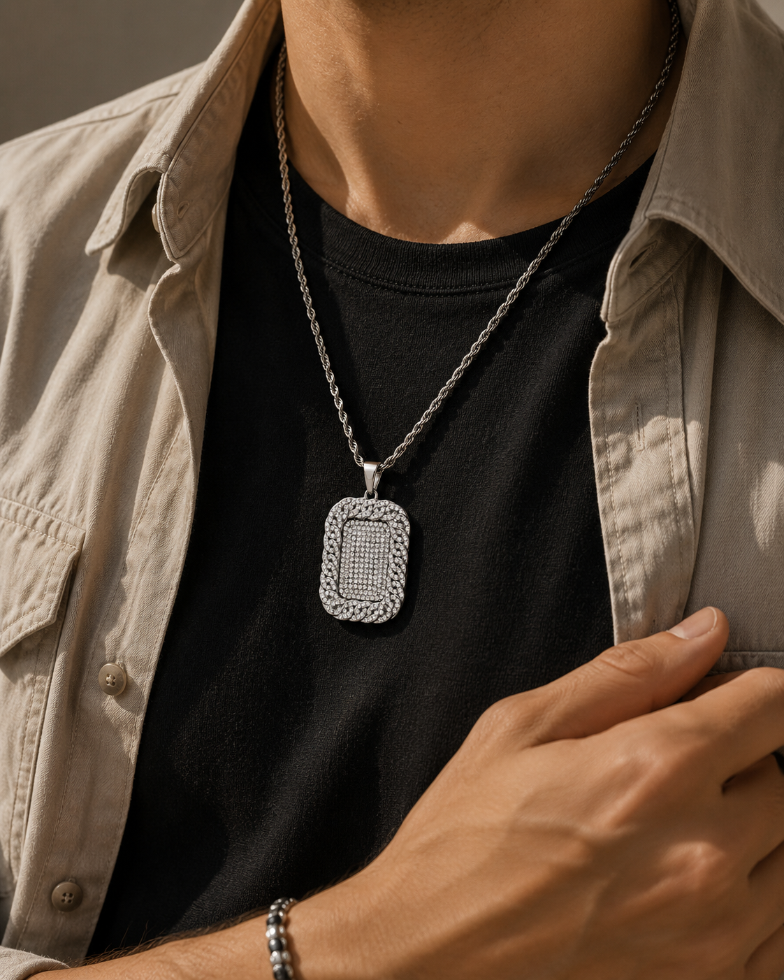 Hip Hop Men's Rhinestone Rectangular Pendant Necklace - CustomLove