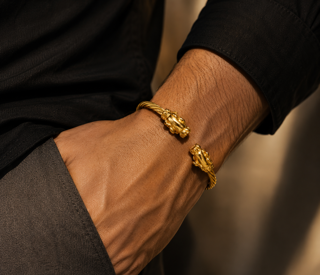 Gold Plated Beast Head Stainless Steel Cable Bracelet for Men - CustomLove