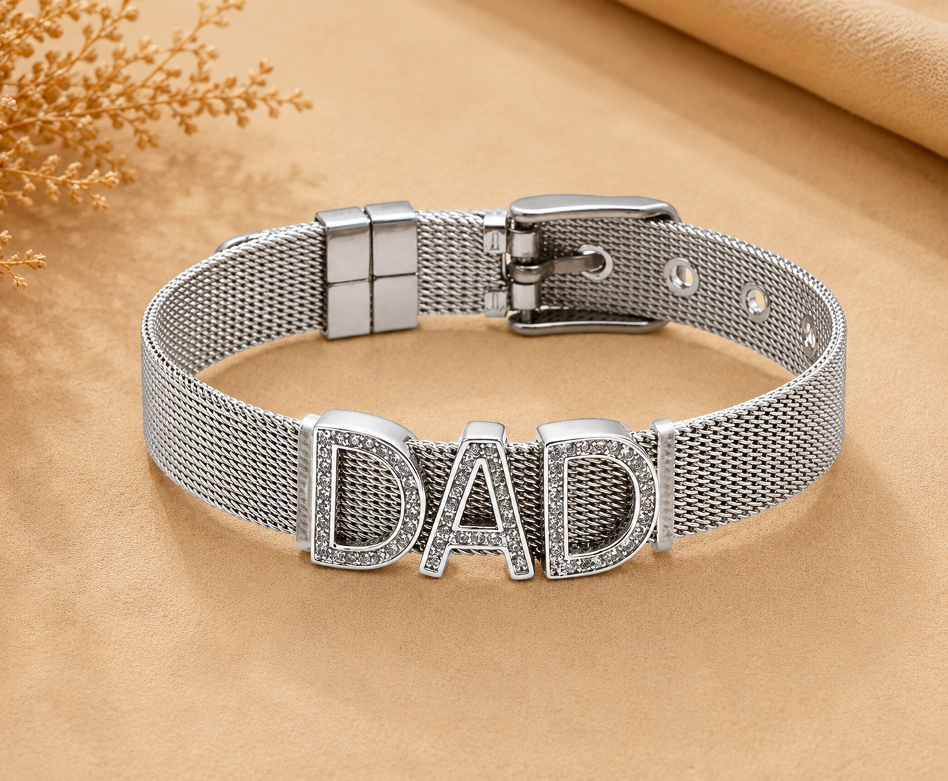 Dad Letter Bracelet for Men – Stainless Steel Mesh Band with Rhinestone Detail