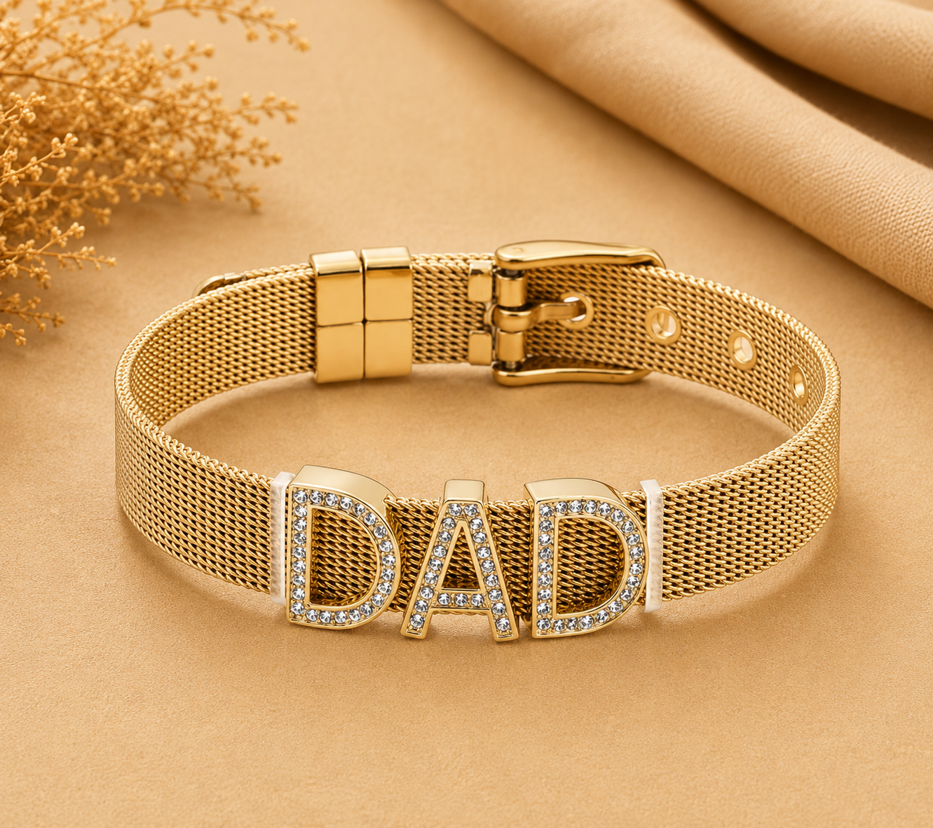 Dad Letter Bracelet for Men – Stainless Steel Mesh Band with Rhinestone Detail