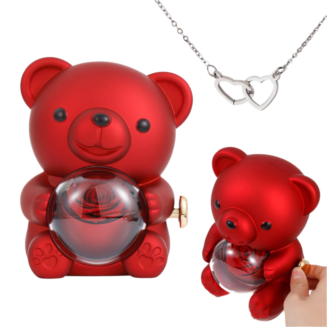 Custom Engraved Heart Necklace & Preserved Rose Bear Gift
