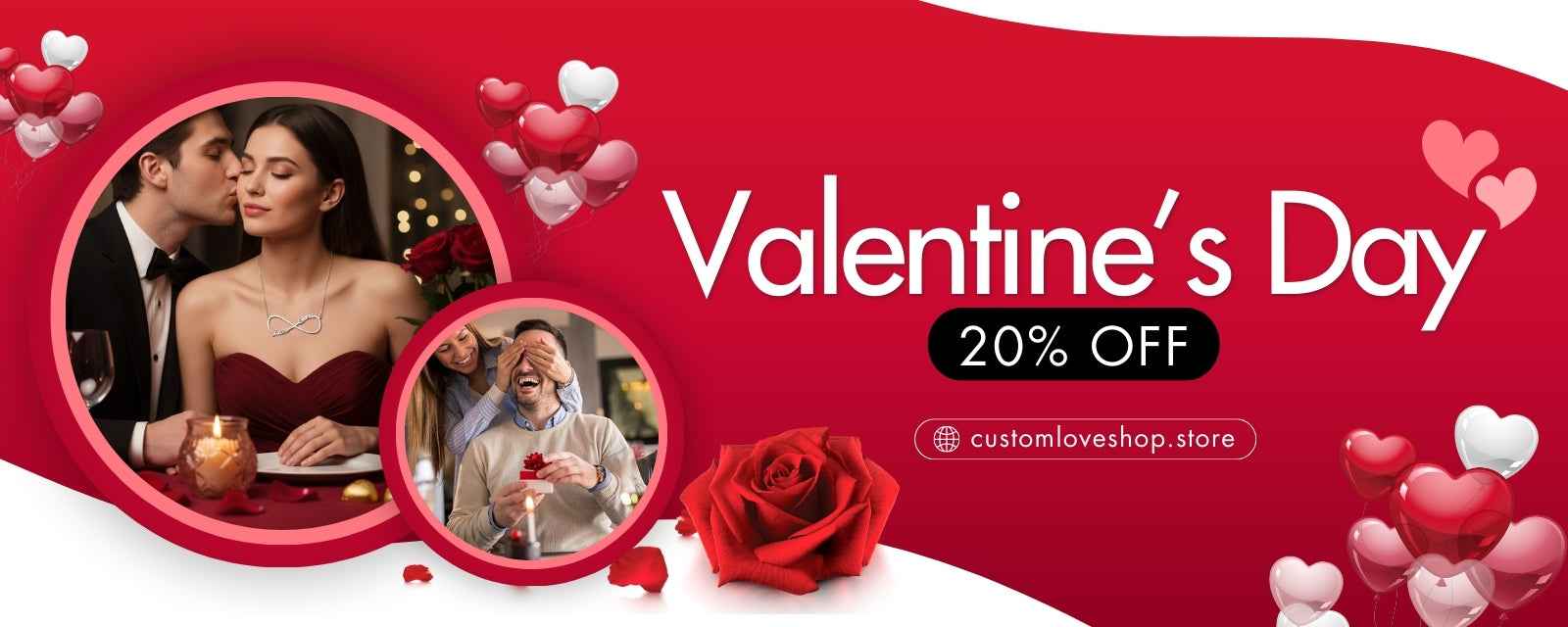 Valentine's Day promotional banner with couple images, rose, and heart shapes on a red background.