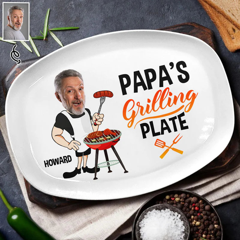 Personalized Daddy’s Grilling Plate with Photo - Custom BBQ Plate Gift for Dad & Grandpa