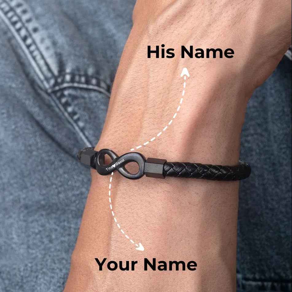 Personalized Infinity Leather Bracelet for Men - Custom Dual Name Bracelet for Men Forever Love Gift - CustomLove