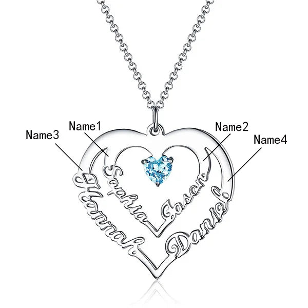 Personalized Heart Necklace with 4 Names & Birthstones-CustomLove