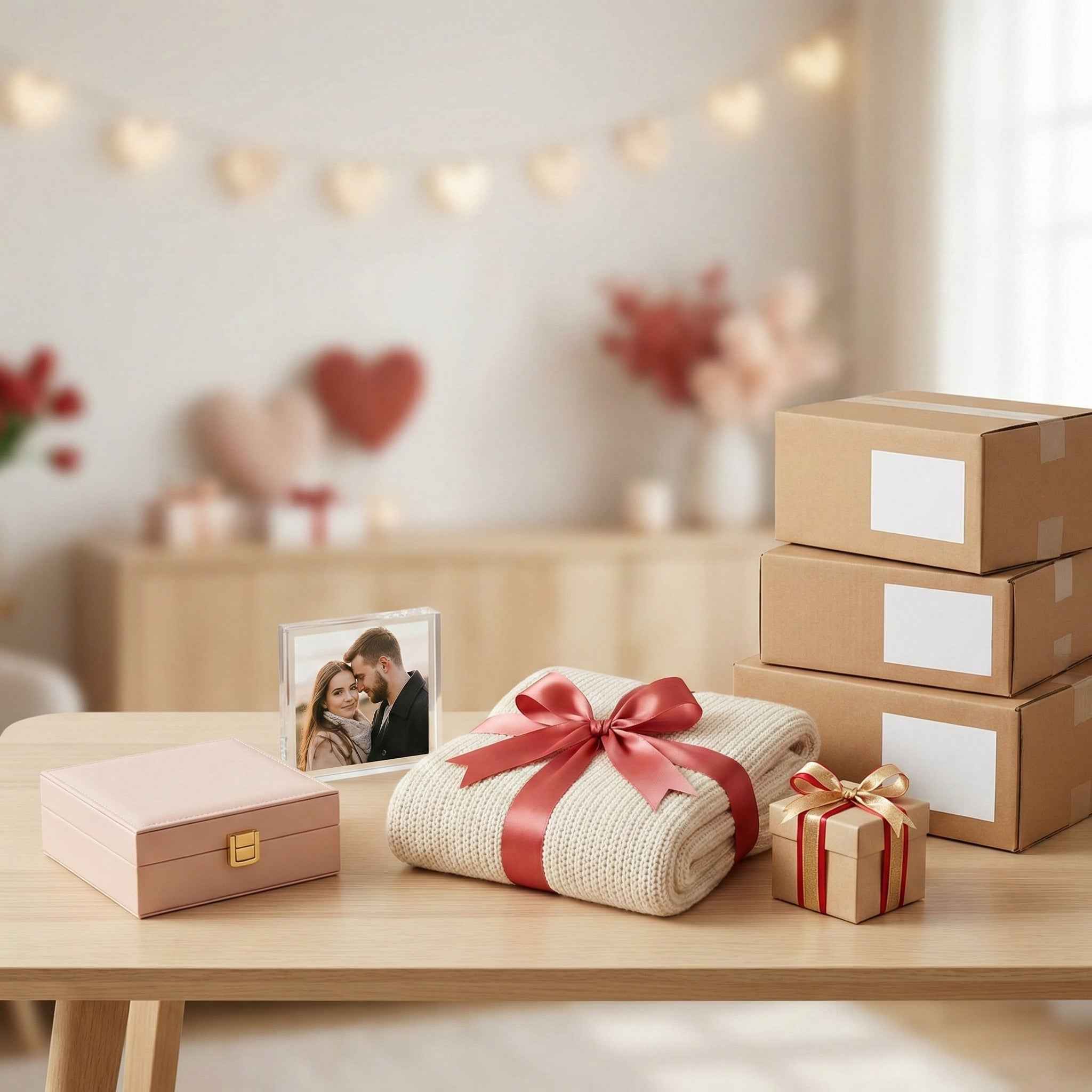 Stack of gift boxes and wrapped items on a table with a blurred background