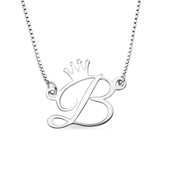 Personalize Initial Crown Necklace In Sterling Silver-CustomLove