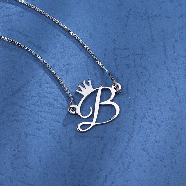 Personalize Initial Crown Necklace In Sterling Silver-CustomLove