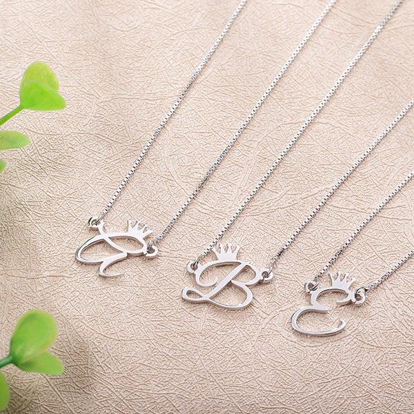 Personalize Initial Crown Necklace In Sterling Silver-CustomLove