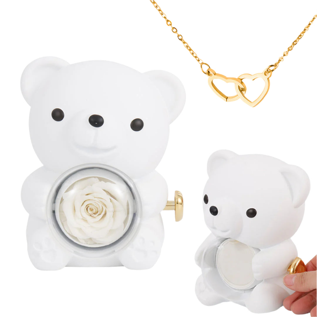 Romantic Jewelry Gift – Engraved Heart Necklace & Real Rose Bear