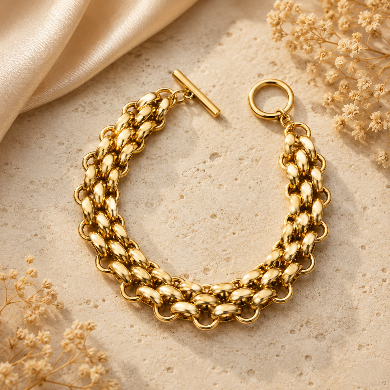 Gold chain bracelet on a textured beige surface with dried flowers.