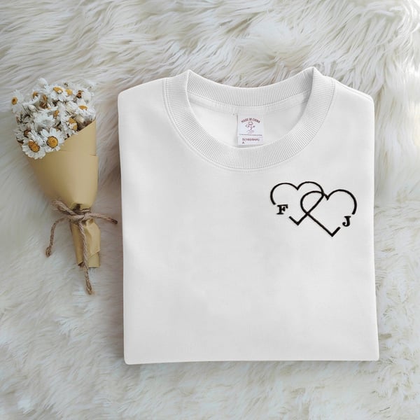 Personalized Letter Embroidered Double Heart Sweatshirt-CustomLove
