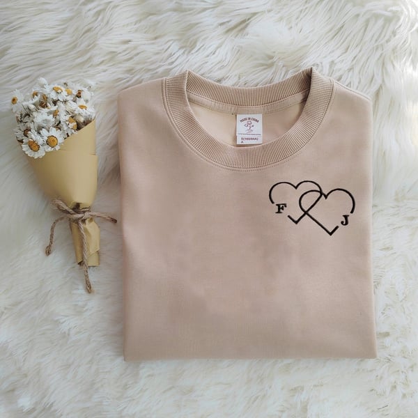 Personalized Letter Embroidered Double Heart Sweatshirt-CustomLove