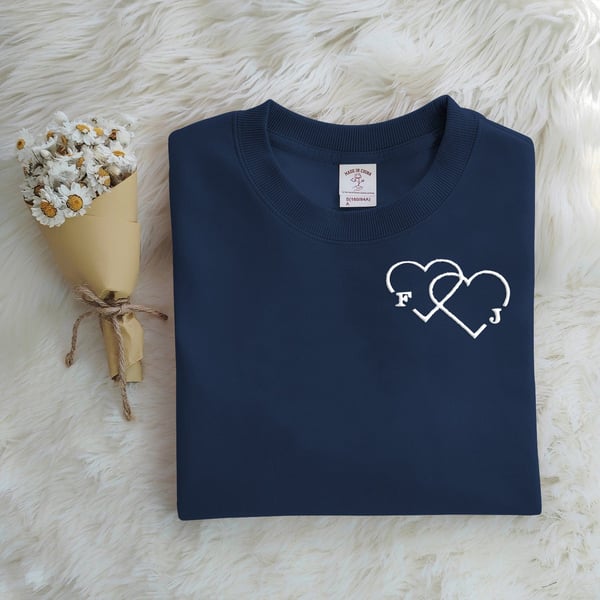 Personalized Letter Embroidered Double Heart Sweatshirt-CustomLove