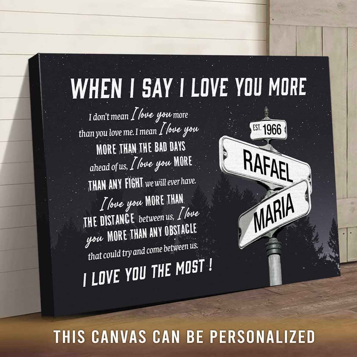 I Love You More Custom Street Sign Canvas - Personalized Names & Date Couple Wall Art Gift - CustomLove
