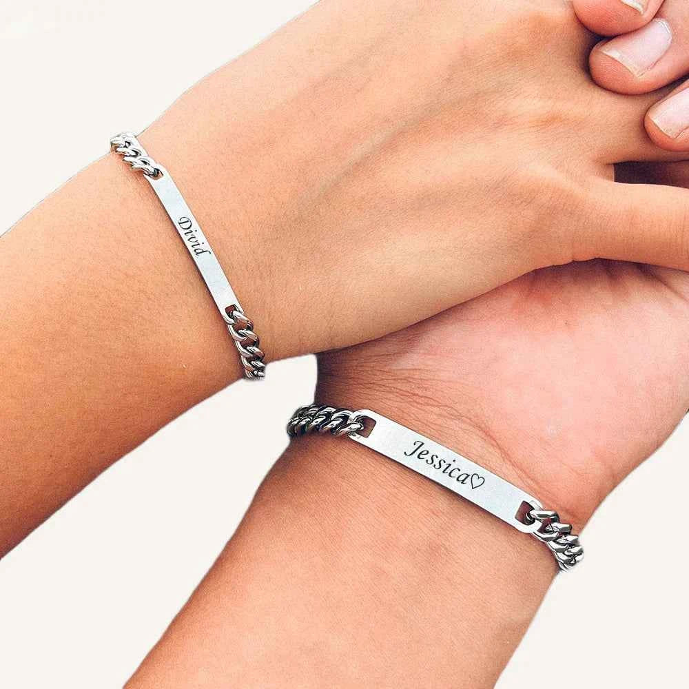 Custom Engraved Bracelet Set for Couples - Name Bracelets with Eternal Rose Box - CustomLove