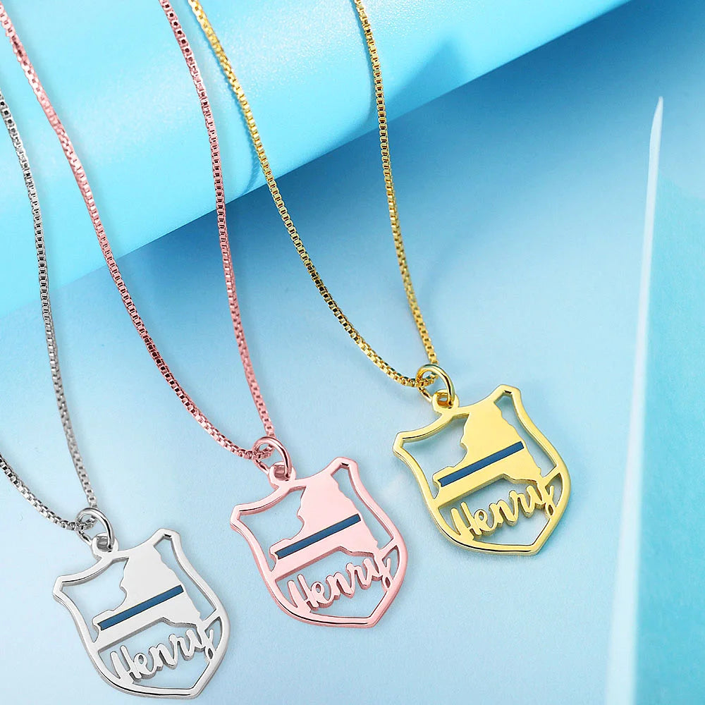Personalized Police Badge State Map Name Necklace