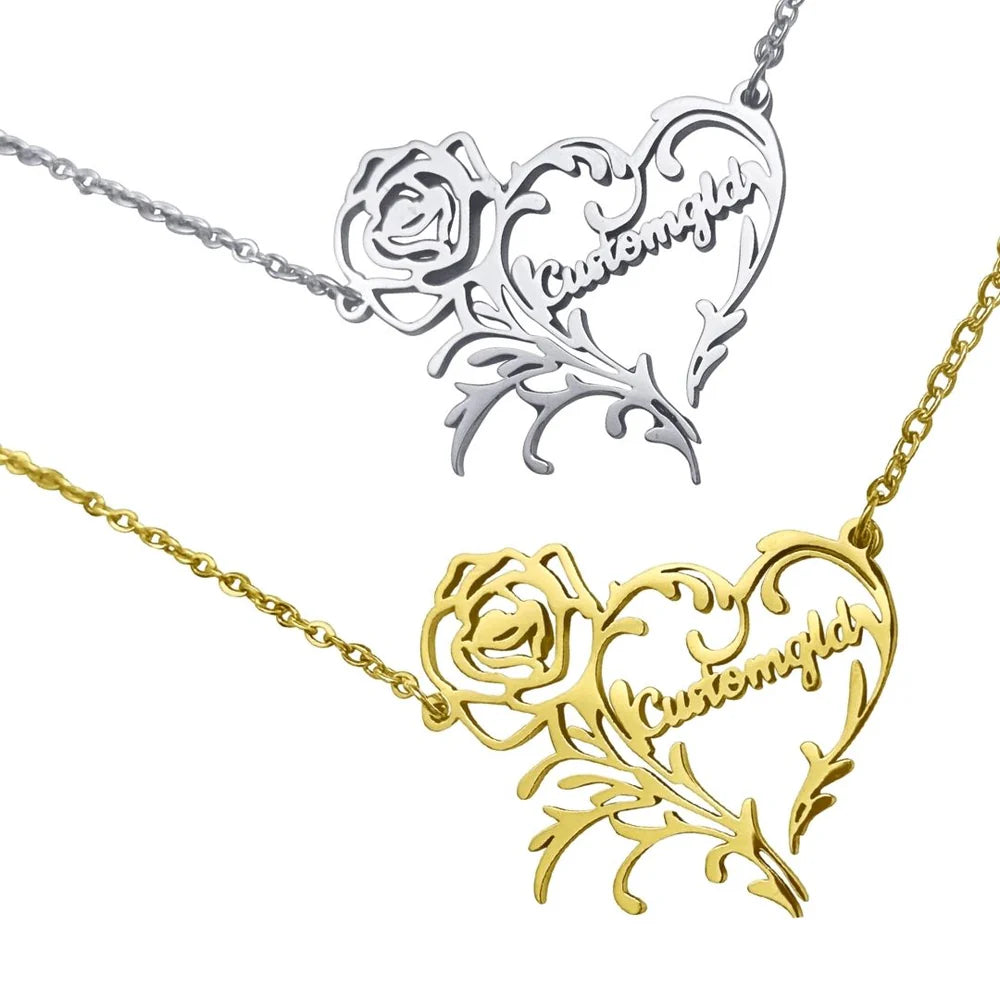 Personalized Heart Rose Name Necklace