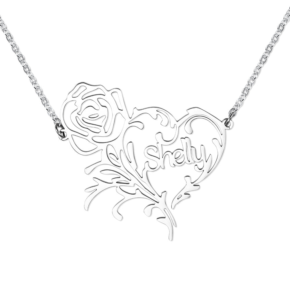 Personalized Heart Rose Name Necklace