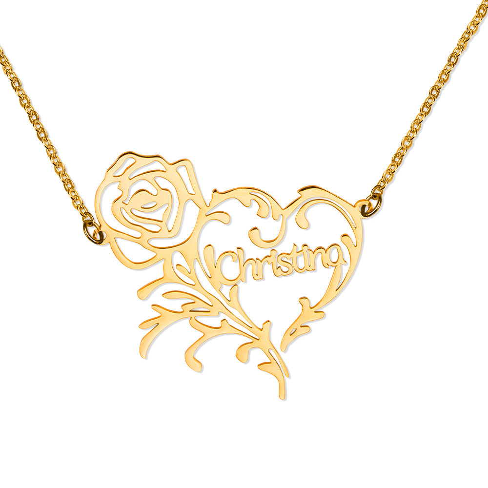 Personalized Heart Rose Name Necklace