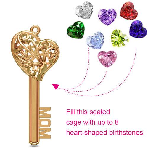 MOM Heart Cage Key Necklace With Birthstones