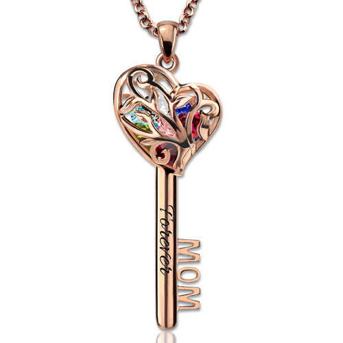MOM Heart Cage Key Necklace With Birthstones