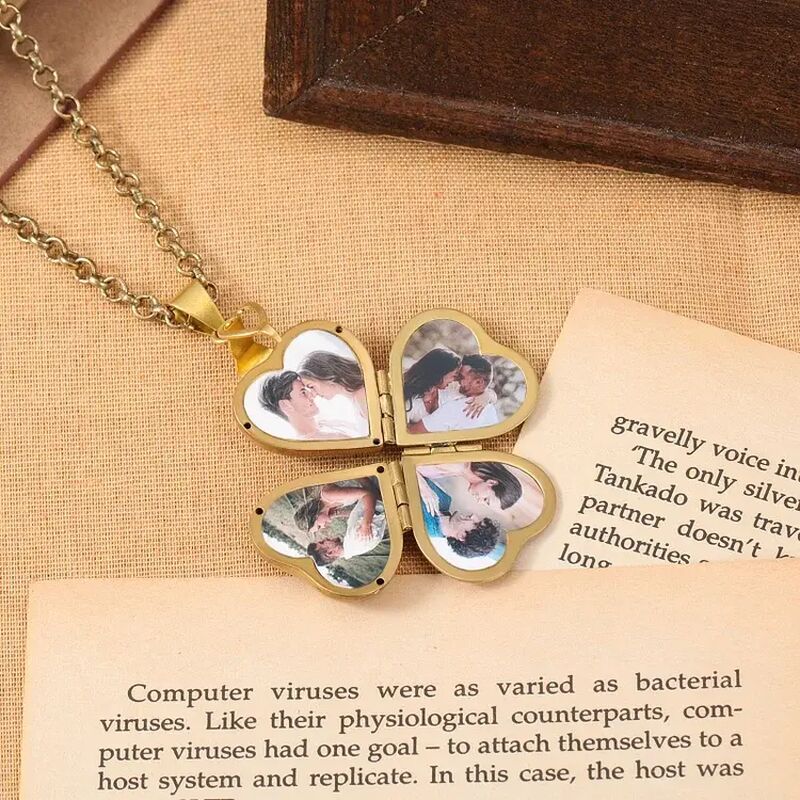 Personalized Heart Shaped Four Leaf Clover Photo Necklace Great Gift For Christmas