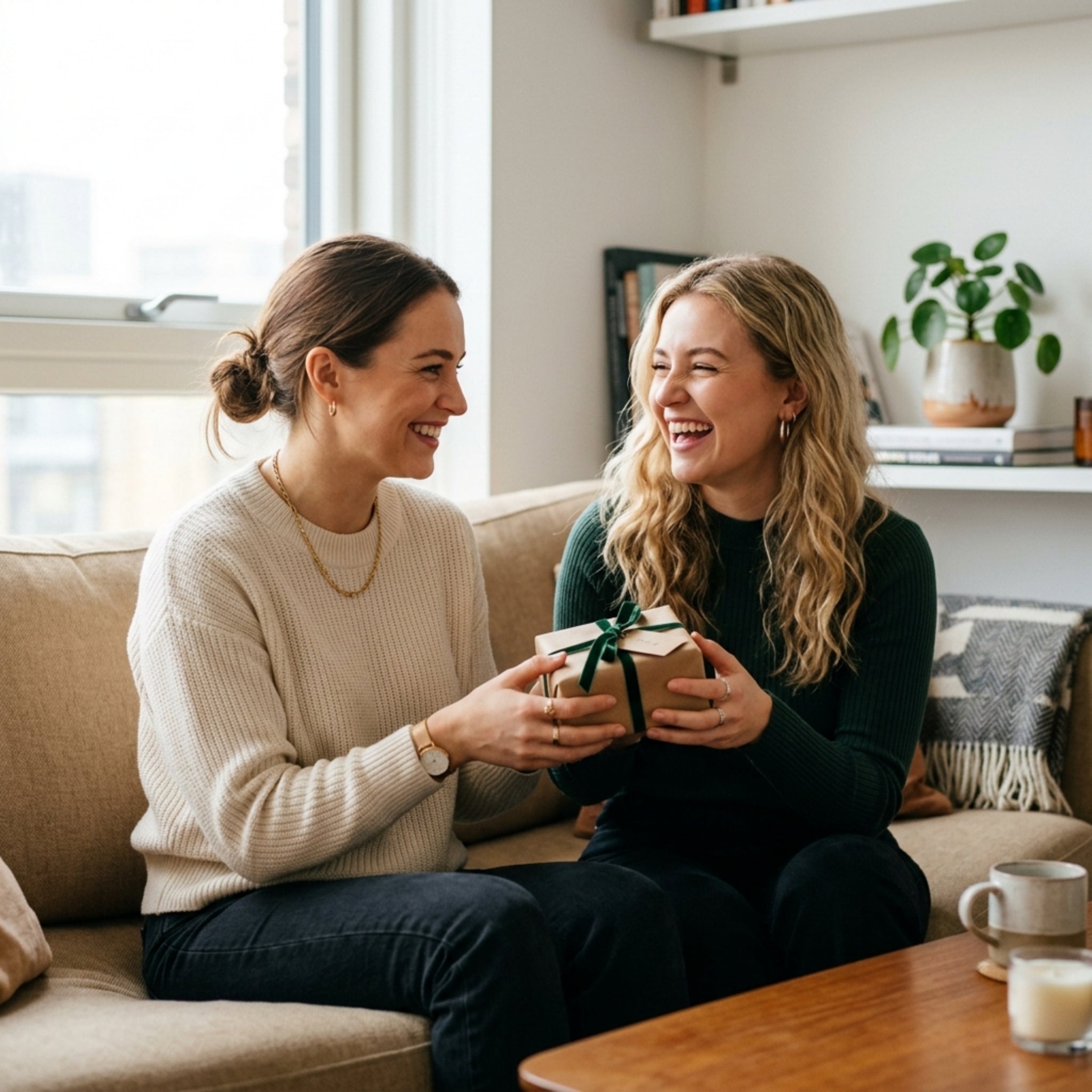 Two women sitting on a couch, one holding a gift, in a cozy living room.